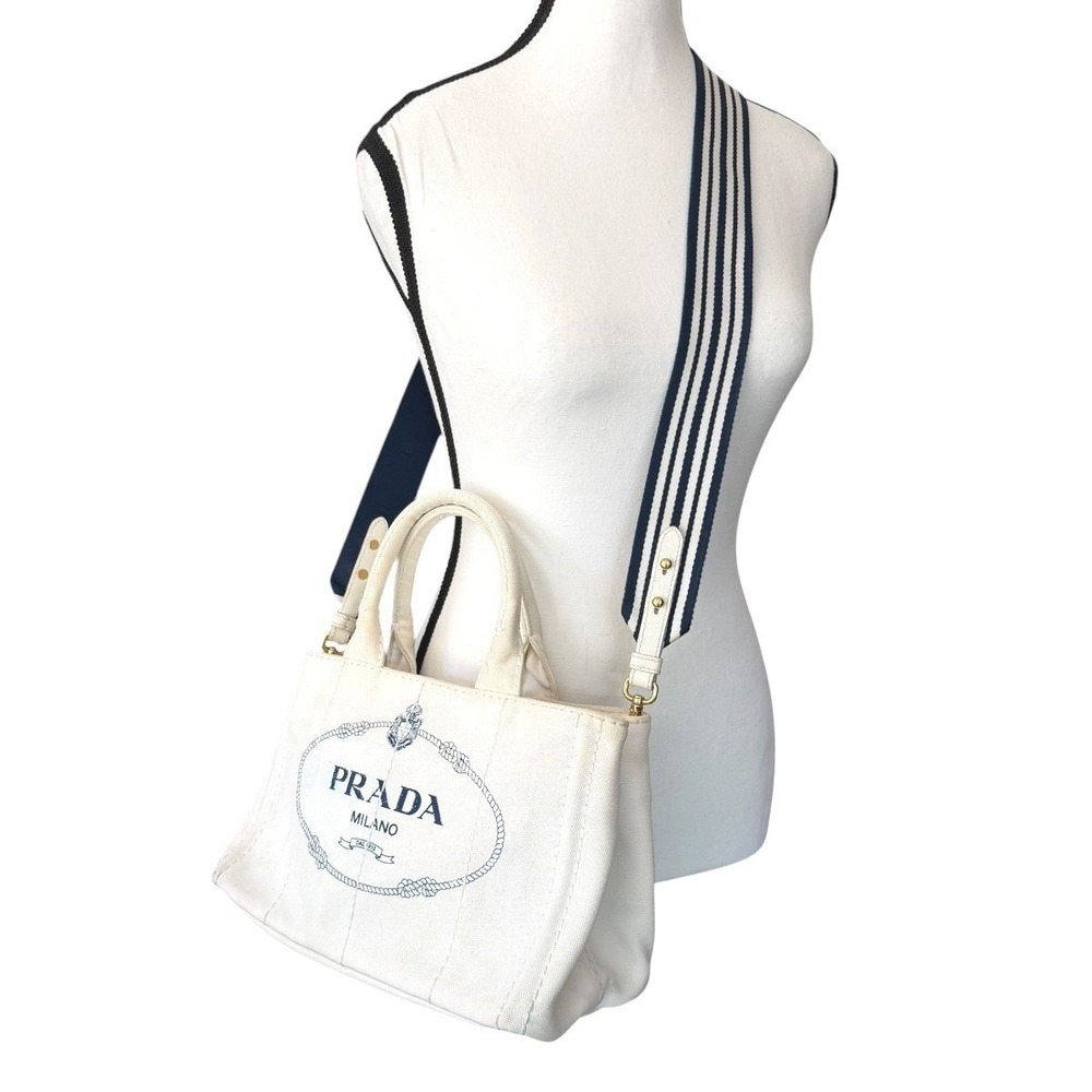 Prada Canapa Mini Canvas Crossbody Tote Bag White Navy Stripe Crossbody Dustbag